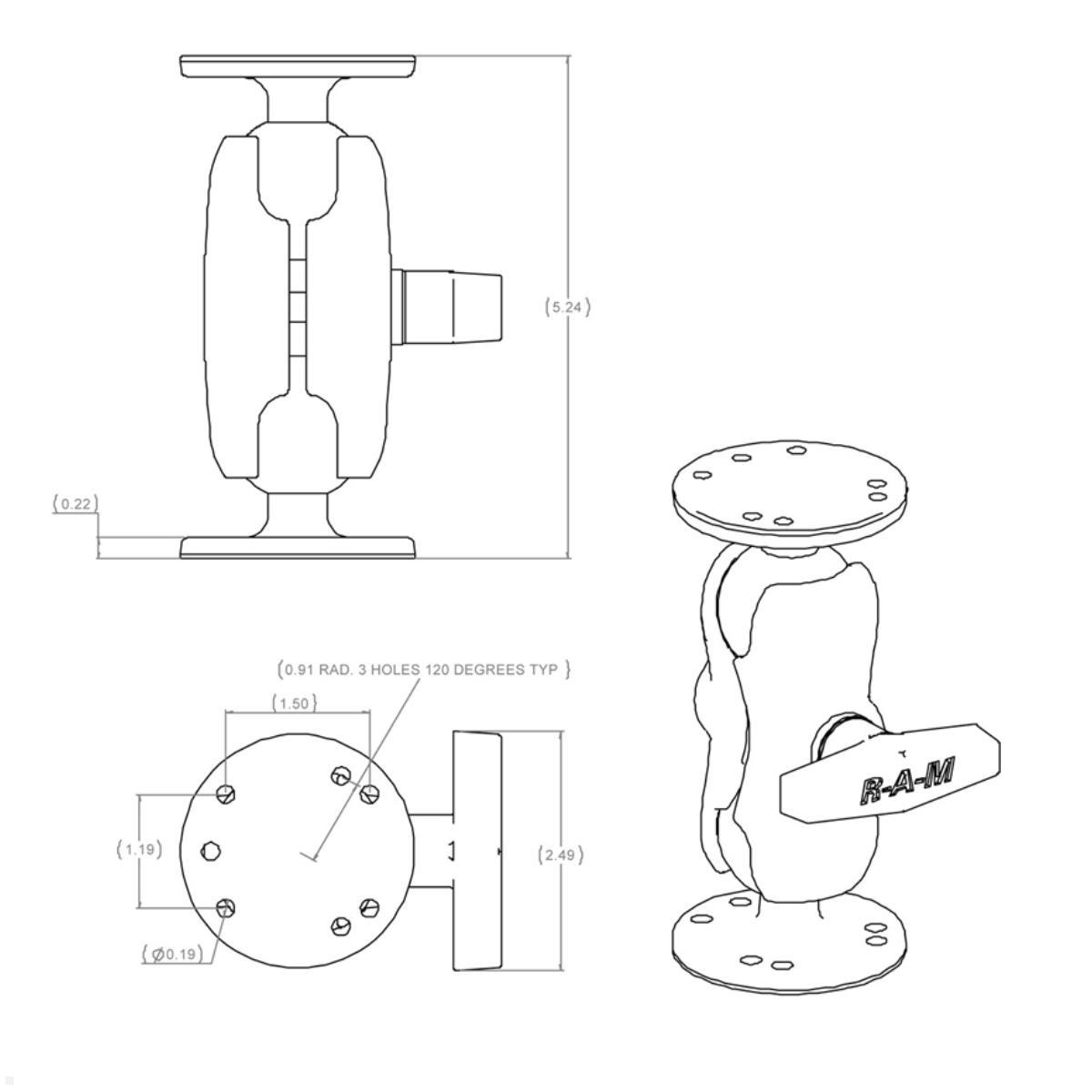 RAM Mounts 2x runde Platte, 1x Arm 90mm mit C-Kugeln (RAM-101U-B), schwarz Zeichnung RAM Mounts 2x runde Platte, 1x Arm 90mm mit C-Kugeln (RAM-101U-B), schwarz Zeichnung