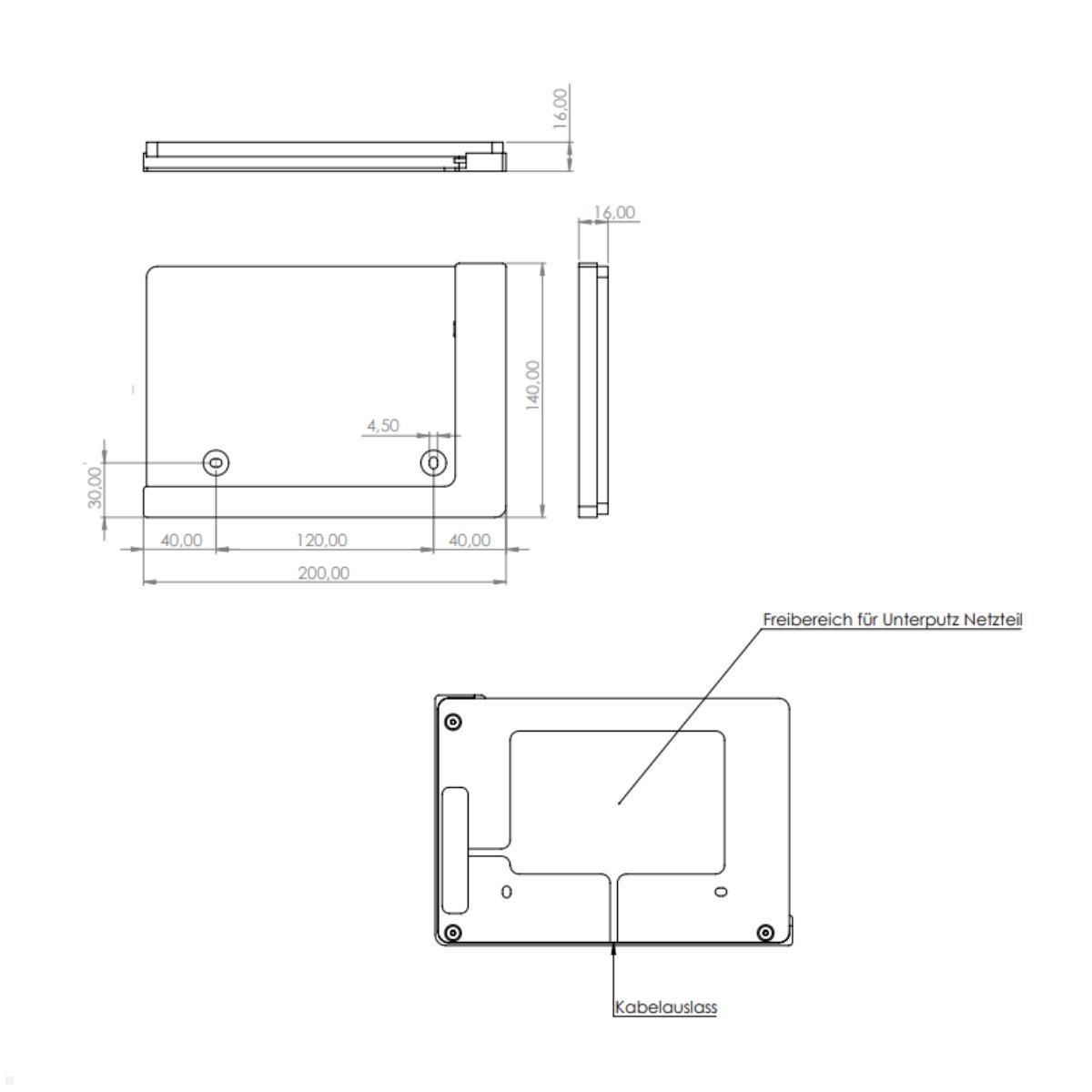 TabLines TWP030W Wandhalterung für Samsung Tab S9+ 12.4, weiß, Zeichnung Maße ohne Tablet TabLines TWP030W Wandhalterung für Samsung Tab S9+ 12.4, weiß, Zeichnung Maße ohne Tablet