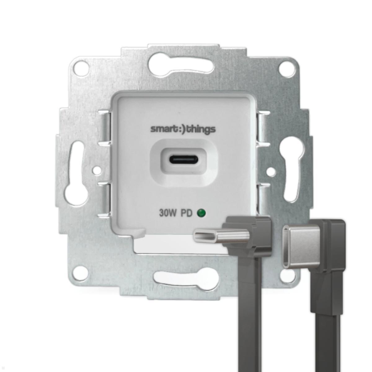 smart Things sCharge 30W Unterputz Netzteil sC30-EU C mit USB-C/C Kabel, Frantansicht mit Kabel