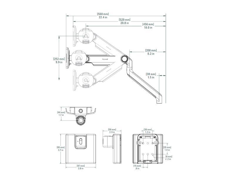 Humanscale M2.1 Monitor Wandhalterung, schräg, silber (M21HMSBTB) Technische Zeichnung