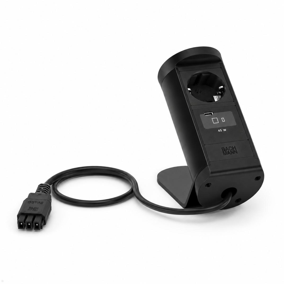 Bachmann NANO Tischsteckdose mit USB-C 45W, Qi2 Wireless Charger, 1 m, schwarz (BM0030781), Tischsteckdose USB-C