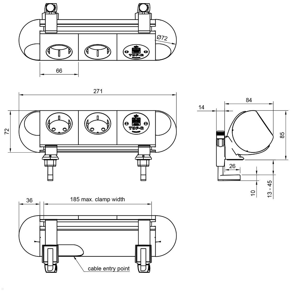 Dataflex Polar Tischanschlussfeld 2x Steckdose, 1x USB-A, 1x USB-C (25.100), weiß Maße Dataflex Polar Tischanschlussfeld 2x Steckdose, 1x USB-A, 1x USB-C (25.100), weiß Maße
