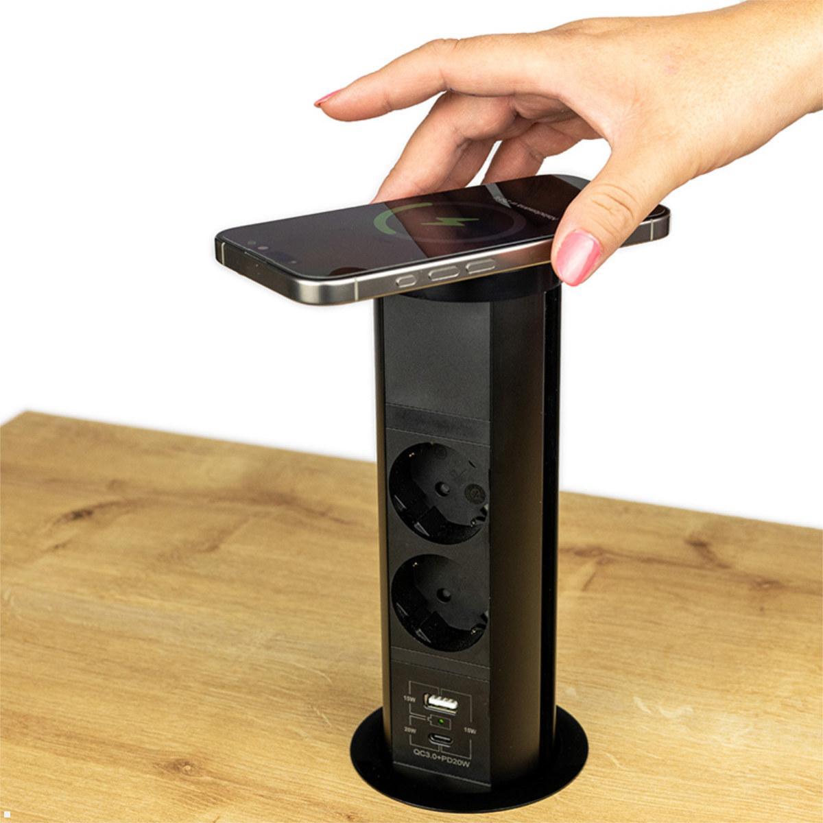 TecLines TVS011B versenkbare 2-fach Steckdose mit USB A/C und Qi charger, schwarz, 75 mm Einbaubohrung