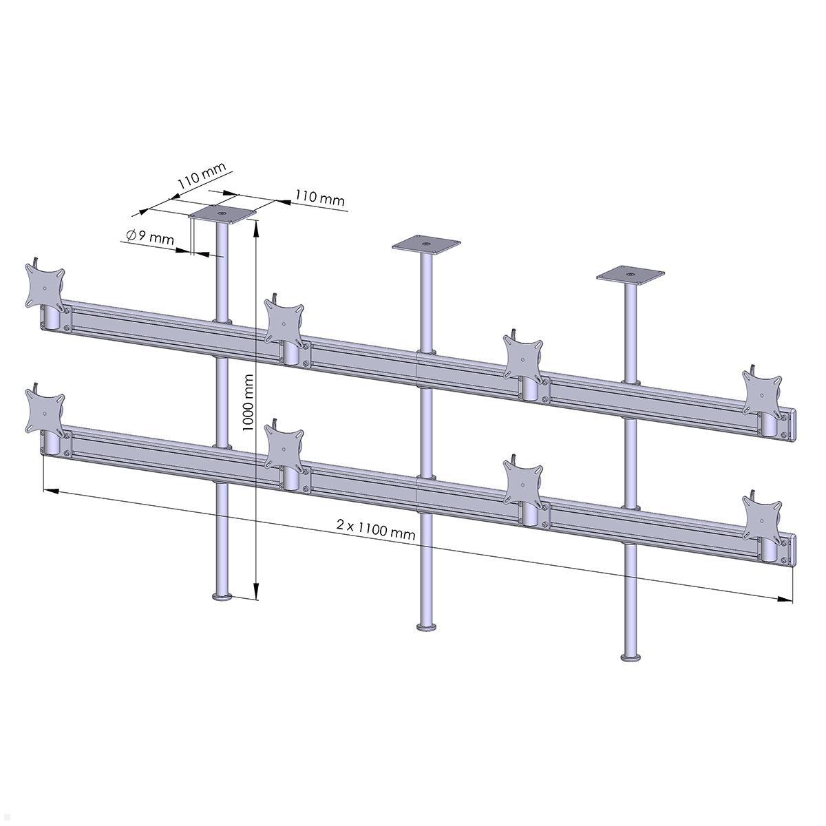 MonLines MDH222B Flat 4+4 Monitor Deckenhalterung bis 32 Zoll, schwarz, Zeichnung Maße MonLines MDH222B Flat 4+4 Monitor Deckenhalterung bis 32 Zoll, schwarz, Zeichnung Maße