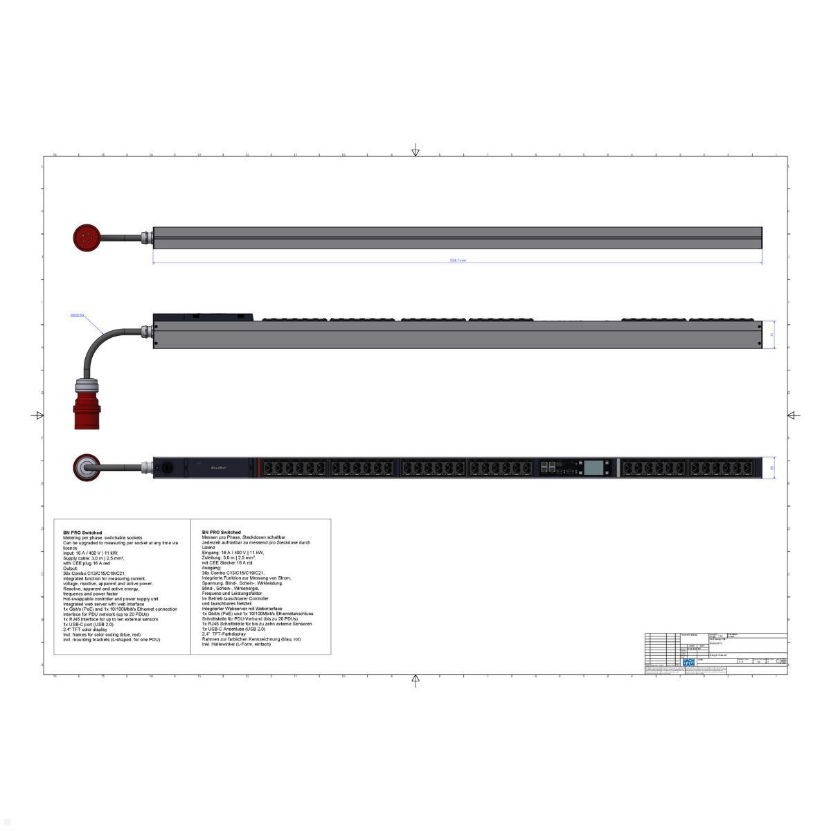 Bachmann BN PRO S Switched - 16A Rack PDU mit 36xCombo, 3,0m CEE 16A/5p (BM0024772), Combo-Steckdosen Rack