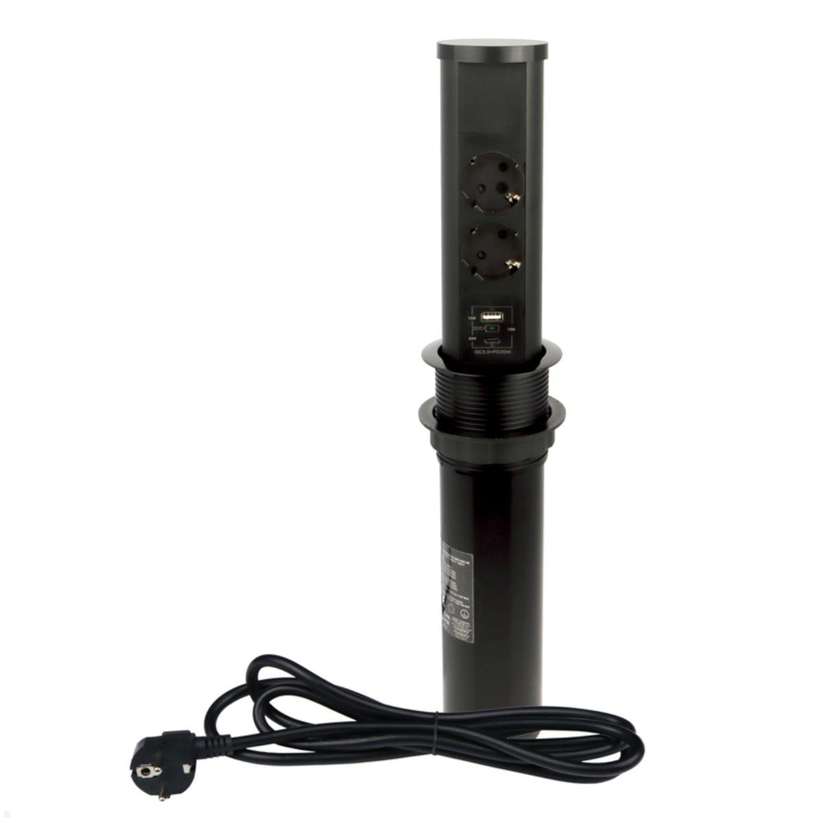 TecLines TVS011B versenkbare 2-fach Steckdose mit USB A/C und Qi charger, schwarz, kabelloses Qi Ladegerät