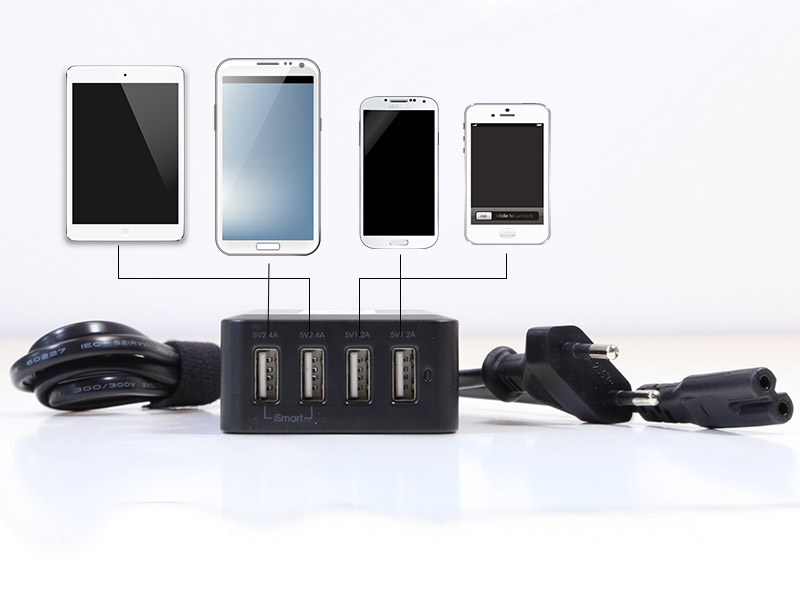 TabLines USB4-C 4-Port USB-Ladegerät mit 1m Euro-Netzkabel, schwarz Anschlüsse TabLines USB4-C 4-Port USB-Ladegerät mit 1m Euro-Netzkabel, schwarz Anschlüsse