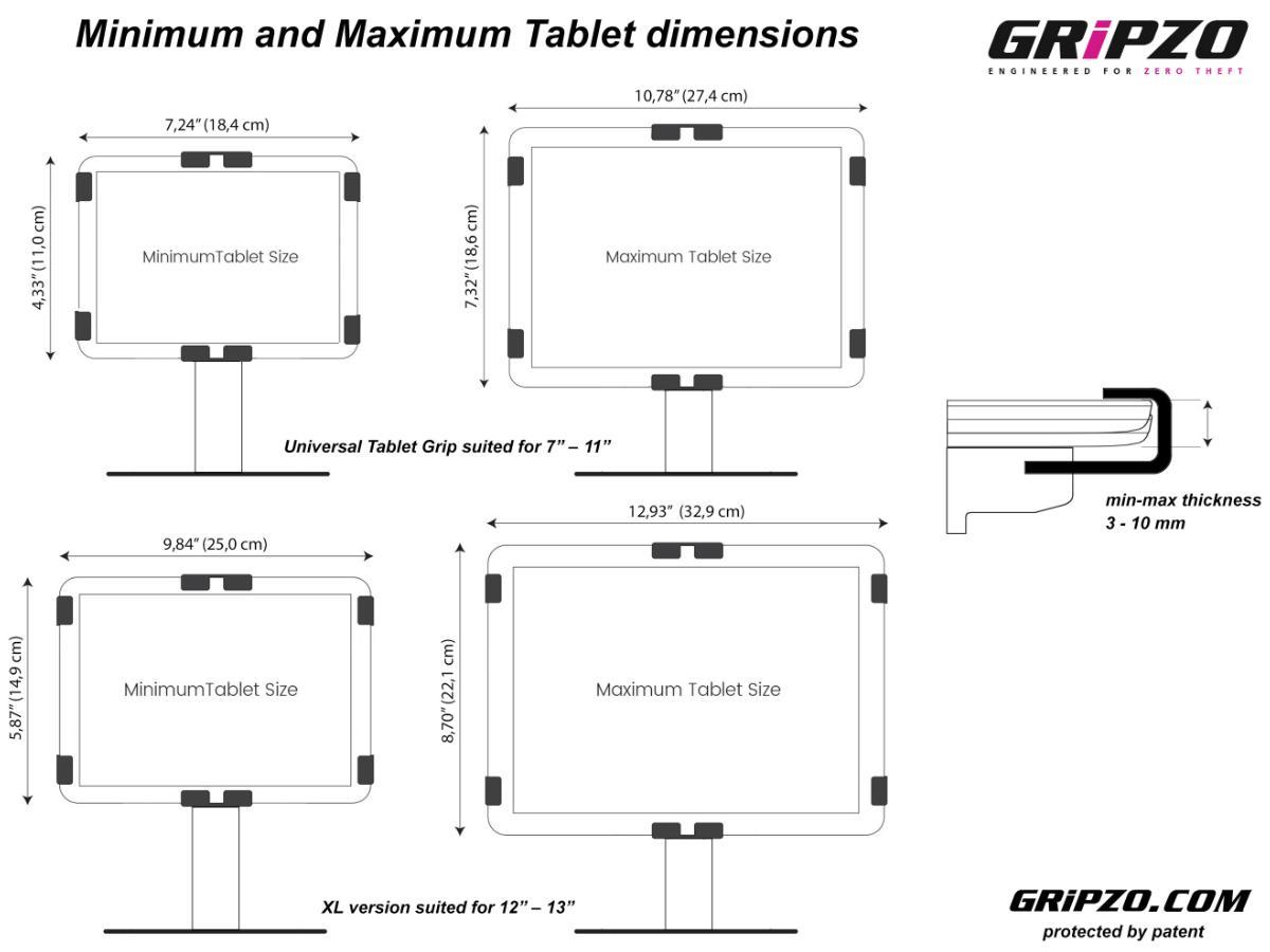 Gripzo Tablet Tischhalterung abschließbar 7-11 Zoll DS, schwarz Abmessungen Gripzo Tablet Tischhalterung abschließbar 7-11 Zoll DS, schwarz Abmessungen