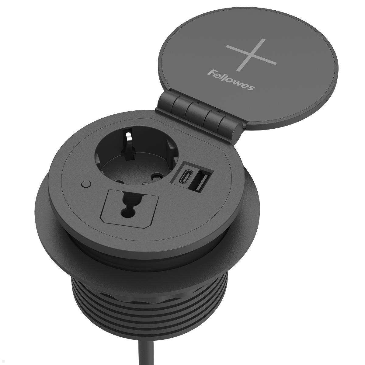 Fellowes Qi Power-Spot Einbausteckdose mit USB A/C Charger, Qi-Ladefunktion (100091395), schwarz
