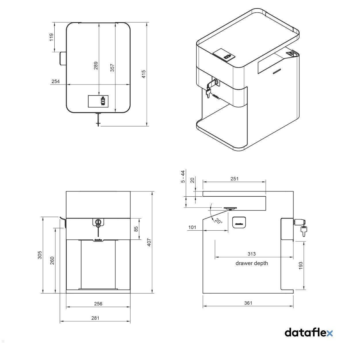 Dataflex Bento Desktop Locker 500 Untertisch Schrank mit Tischklemme (45.500), weiß technische Zeichnung Dataflex Bento Desktop Locker 500 Untertisch Schrank mit Tischklemme (45.500), weiß technische Zeichnung