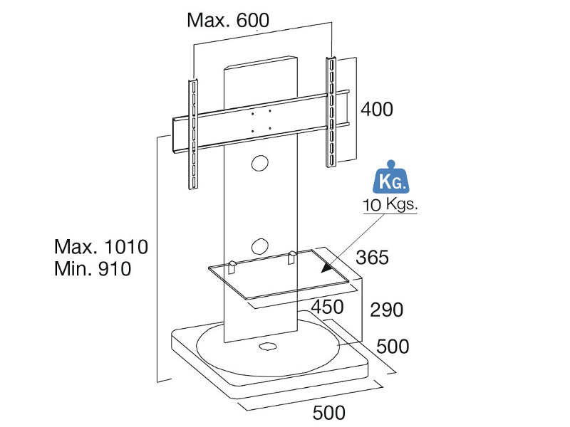 PureMounts GI-PM-101W TV Standfuß schwenkbar und höhenverstellbar, Maße PureMounts GI-PM-101W TV Standfuß schwenkbar und höhenverstellbar, Maße