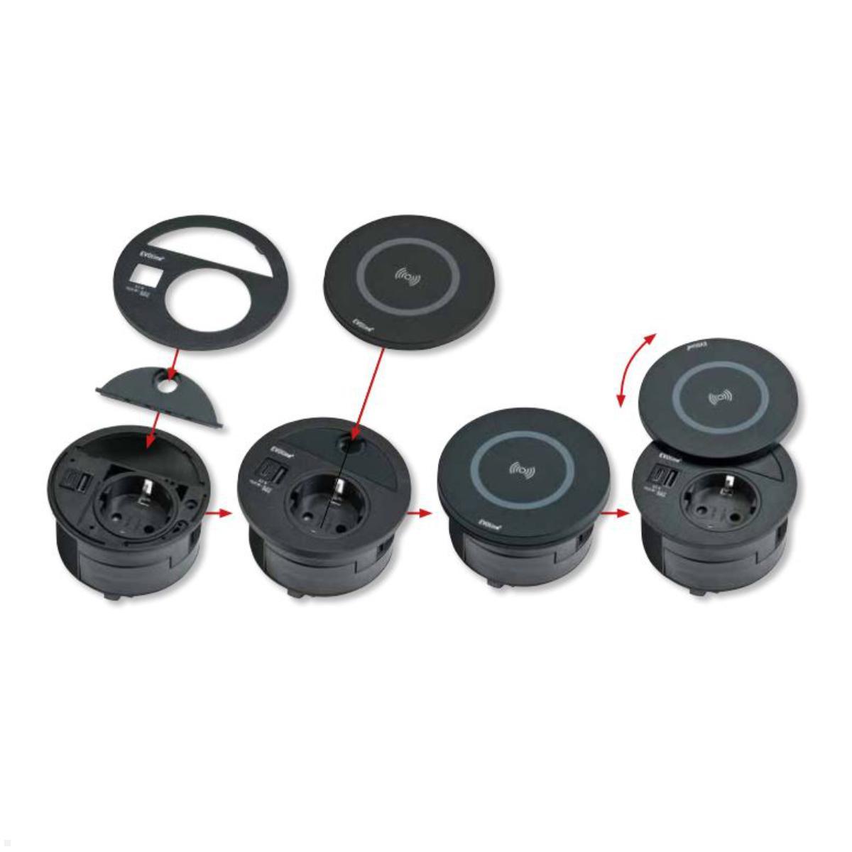 EVOline Circle80 Einbausteckdose mit USB-Charger C/C und DisQ Induktion-Charger, Funktionen EVOline Circle80 Einbausteckdose mit USB-Charger C/C und DisQ Induktion-Charger, Funktionen