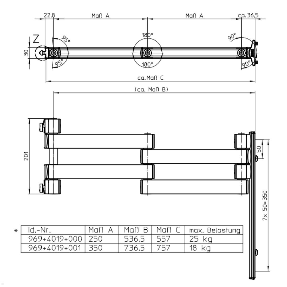Novus TFC Universal Faltarm 700 mm für Alu Profil Zeichnung mit Maßen