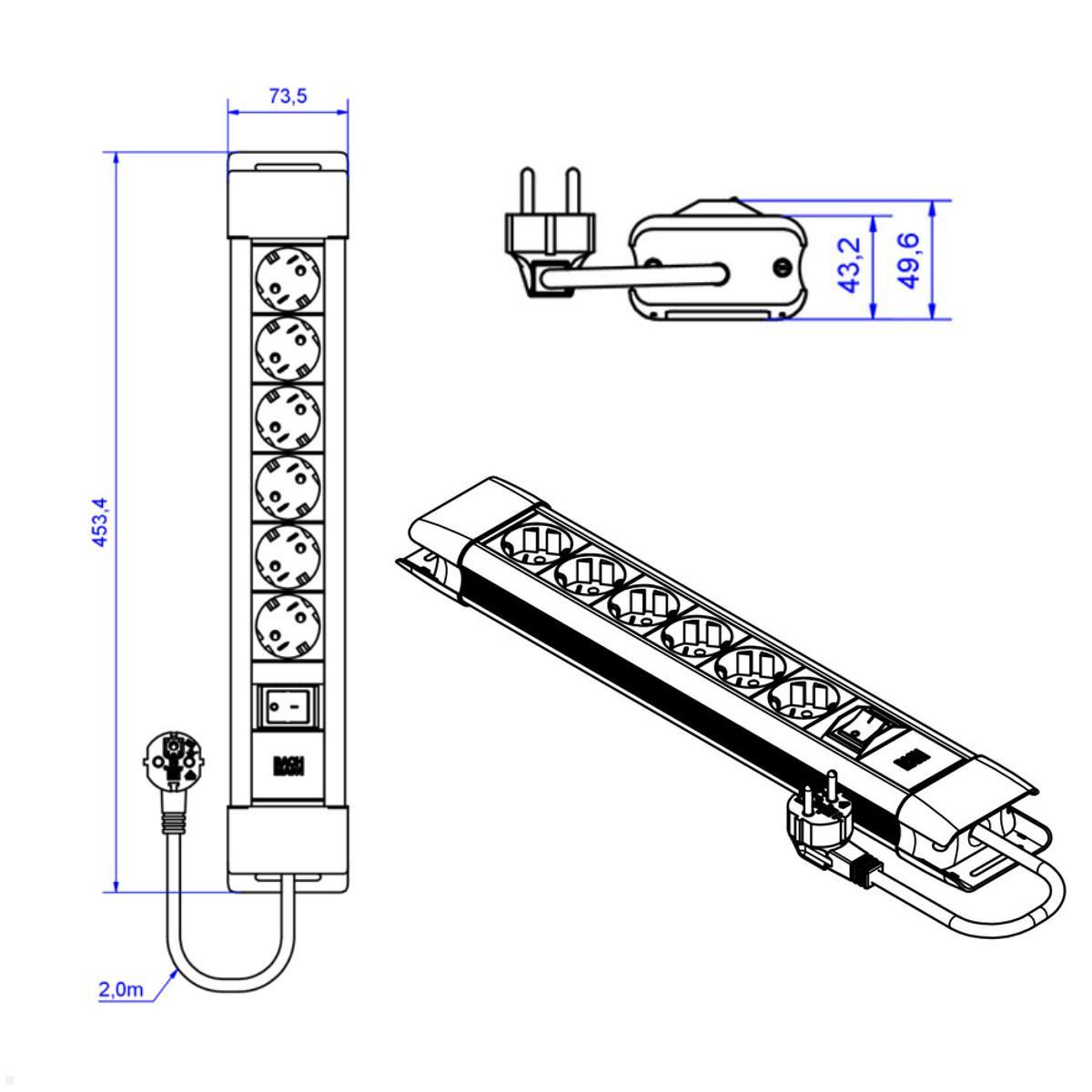 Bachmann CONNECTUS 6x Steckdose, 1x Schalter, 2m Zuleitung (BM005905), Maße