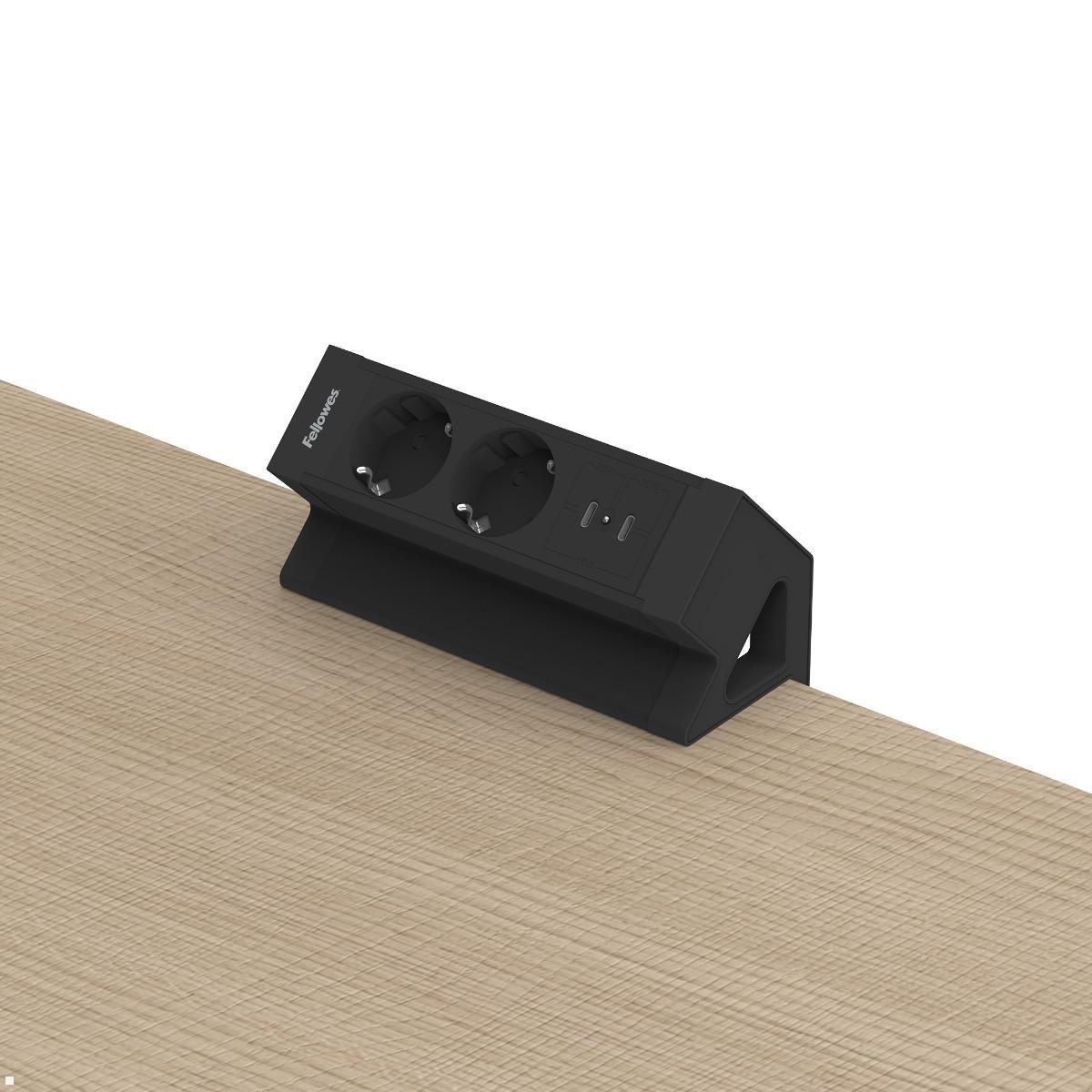 Fellowes Power Desk Up 2.0 Tischsteckdose mit 2x Steckdose, 2x USB-C Charger, Anwendungsbeispiel