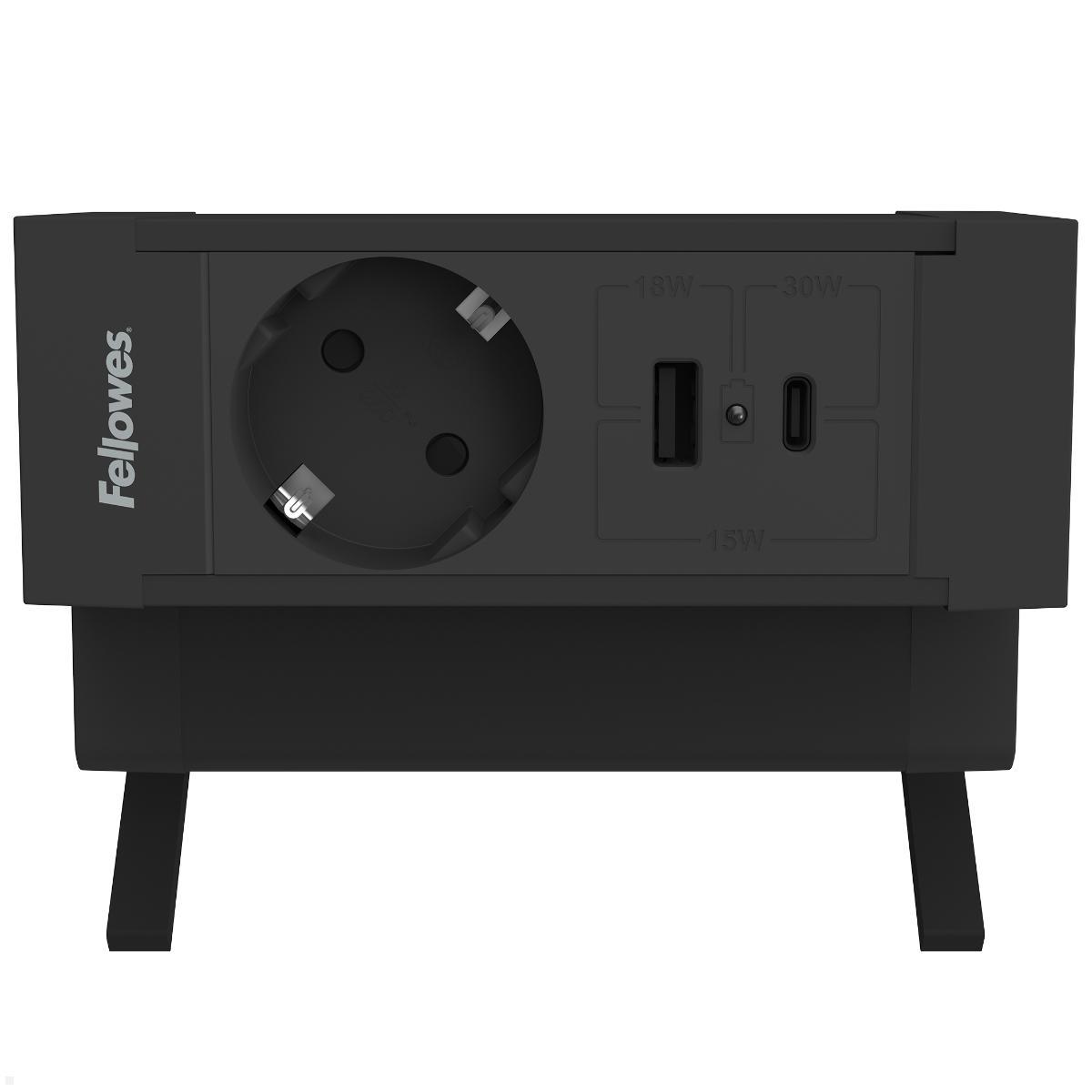 Fellowes Power Desk Up 2.0 Tischsteckdose mit USB-A und USB-C Charger, schwarze Ausführung von vorne