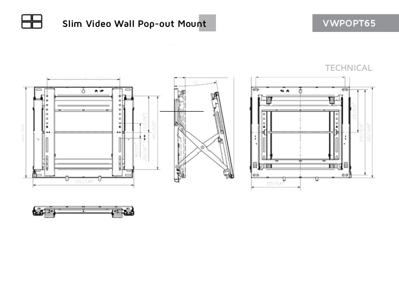Edbak VWPOPT65 schmale Pop-out Videowall Wand Halterung, 40 - 65 Zoll technische Zeichnung