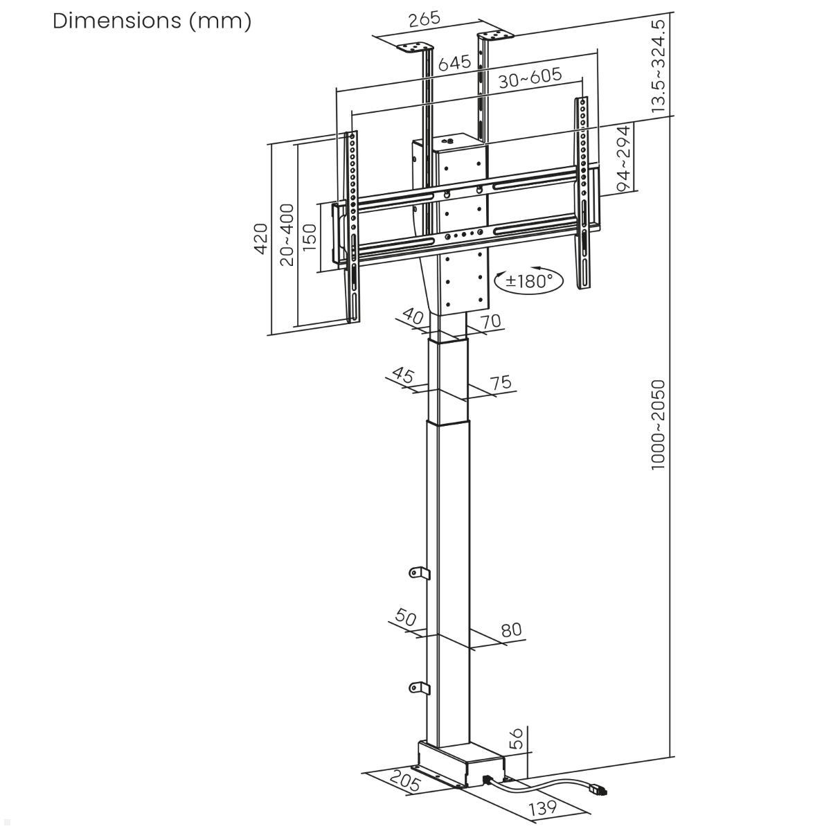 MonLines MLS041B Einbau TV Lift schwenkbar, 37-80 Zoll, 1050mm, schwarz, TV Lift mit Positionsspeicher
