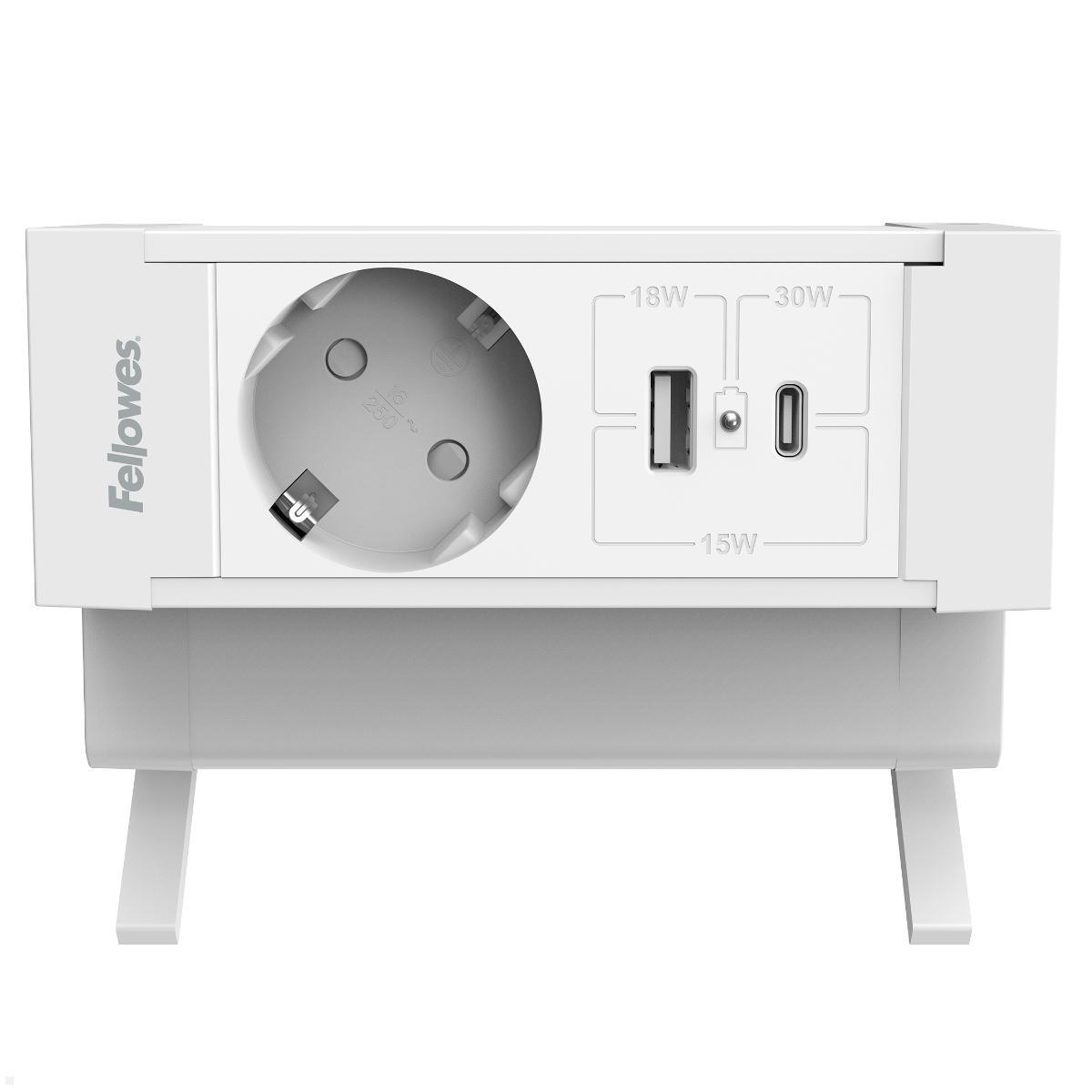Fellowes Power Desk Up 2.0 Tischsteckdose mit USB-A und USB-C Charger, Frontansicht