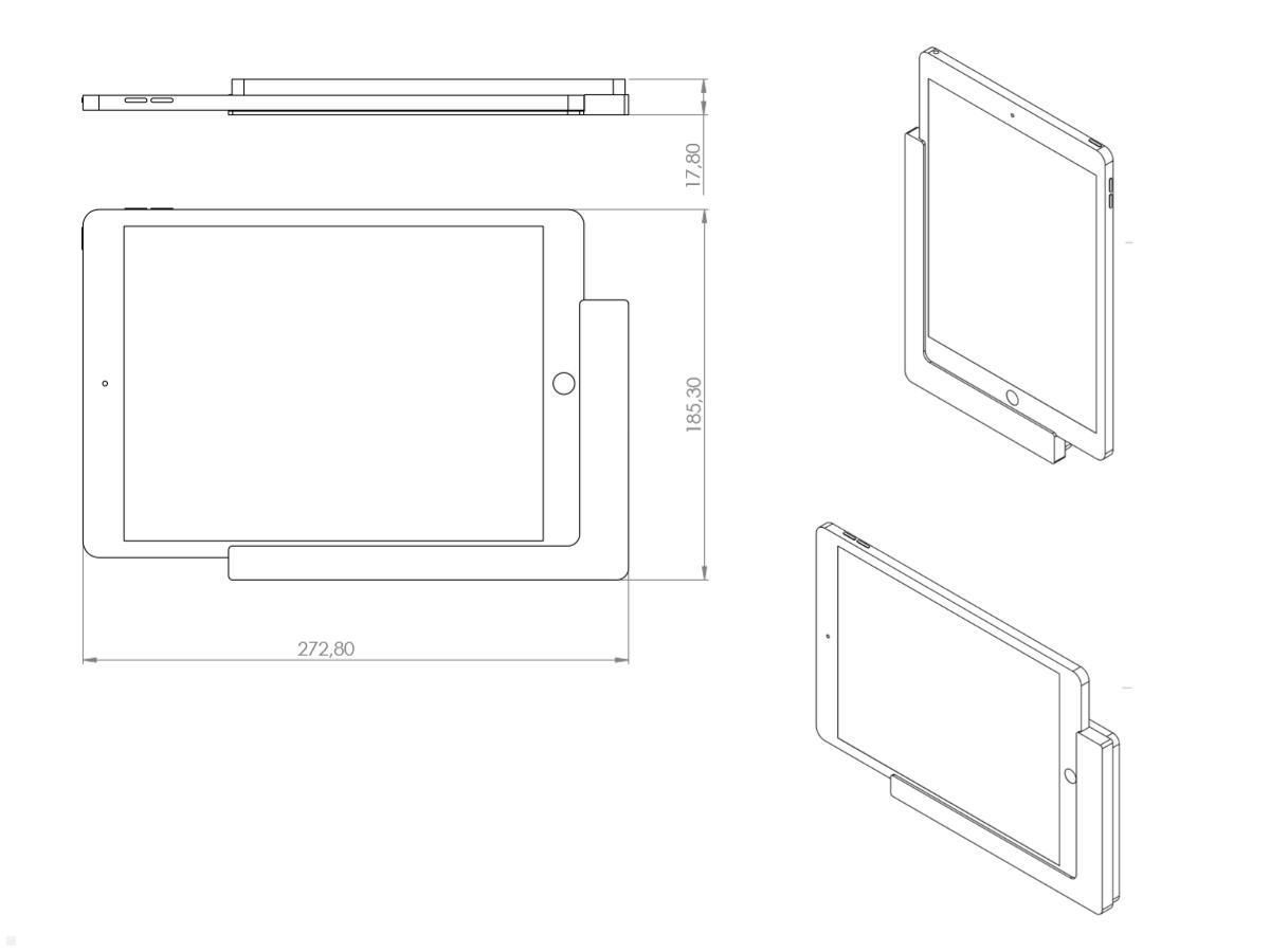 TabLines TWP004B Wandhalterung für iPad 10.2 (7./8. Gen.), schwarz, Zeichnung, Maße mit Tablet TabLines TWP004B Wandhalterung für iPad 10.2 (7./8. Gen.), schwarz, Zeichnung, Maße mit Tablet