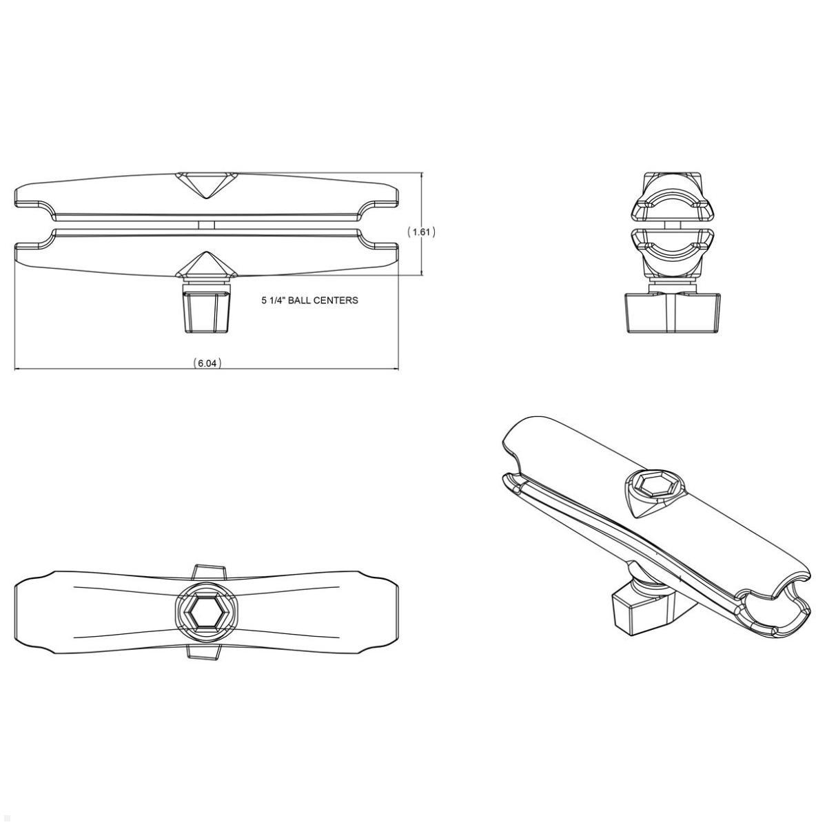 RAM Mounts Verbindungsarm 154 mm für B-Kugeln (RAM-B-201U-C), schwarz, technische Zeichnung RAM Mounts Verbindungsarm 154 mm für B-Kugeln (RAM-B-201U-C), schwarz, technische Zeichnung