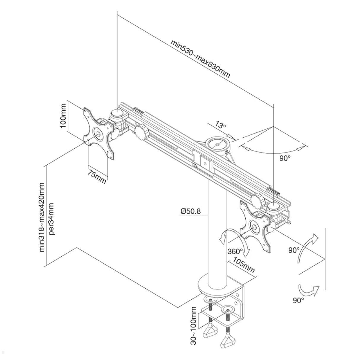Neomounts FPMA-D700D duale Monitor Tischhalterung 19-30 Zoll mit Tischklemme, schwarz, Tischklemme Befestigung