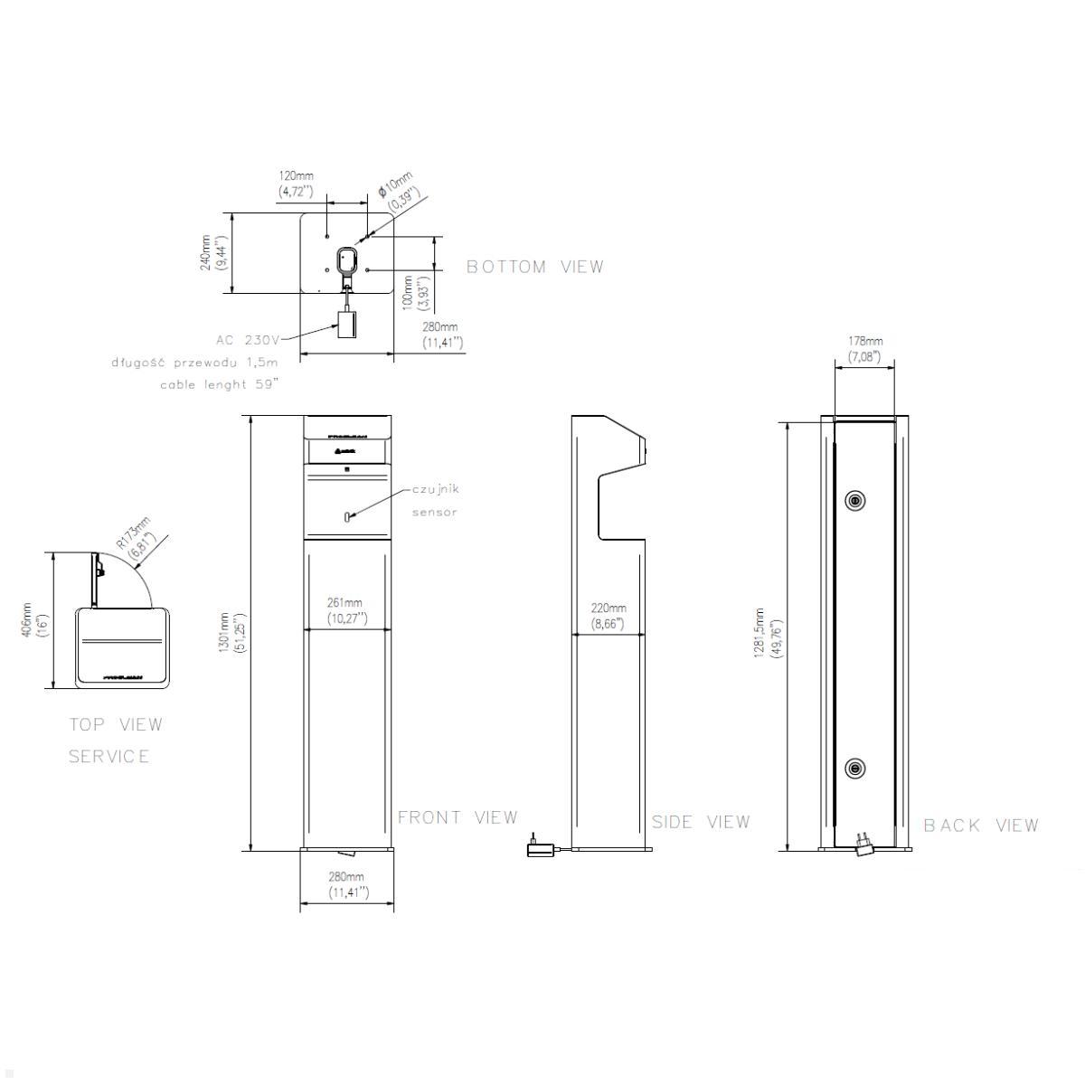 Edbak ProClean 1 Desinfektionsspender mit Sensor Ständer, grau, technische Zeichnung