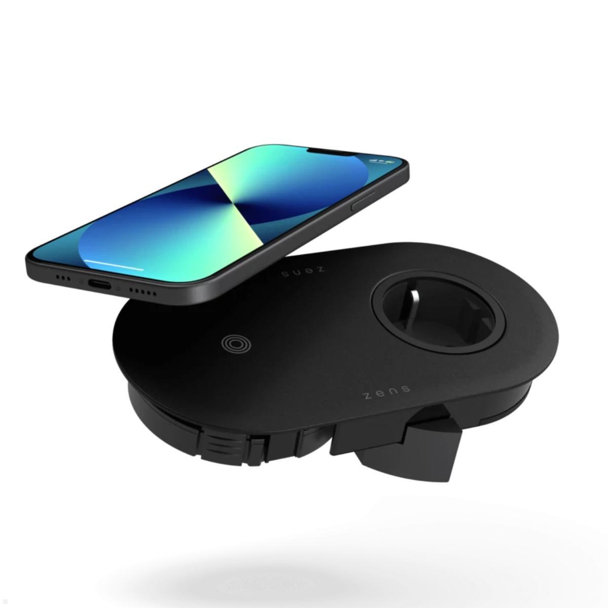 Einbau Steckdose mit Qi Ladestation, Zens PuK in Schwarz, Anwendung Einbau Steckdose mit Qi Ladestation, Zens PuK in Schwarz, Anwendung