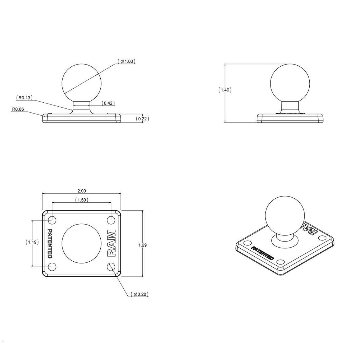 RAM Mounts eckige Platte mit B-Kugel (RAM-B-347U), schwarz, technische Zeichnung RAM Mounts eckige Platte mit B-Kugel (RAM-B-347U), schwarz, technische Zeichnung