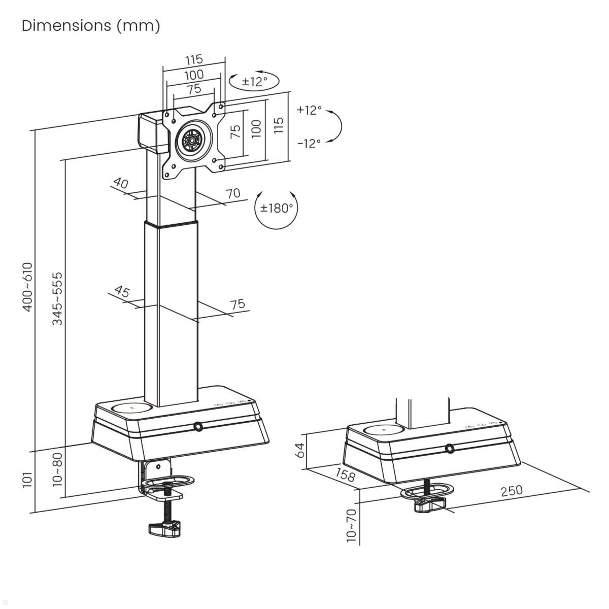 MonLines MTH020B Monitor Tischhalterung elektrisch 17 - 32 Zoll, schwarz, Maße MonLines MTH020B Monitor Tischhalterung elektrisch 17 - 32 Zoll, schwarz, Maße