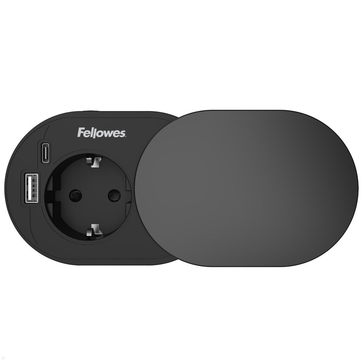 Fellowes Slide Power-Spot  Einbausteckdose mit USB A/ C Charger 30W, Schiebedeckel