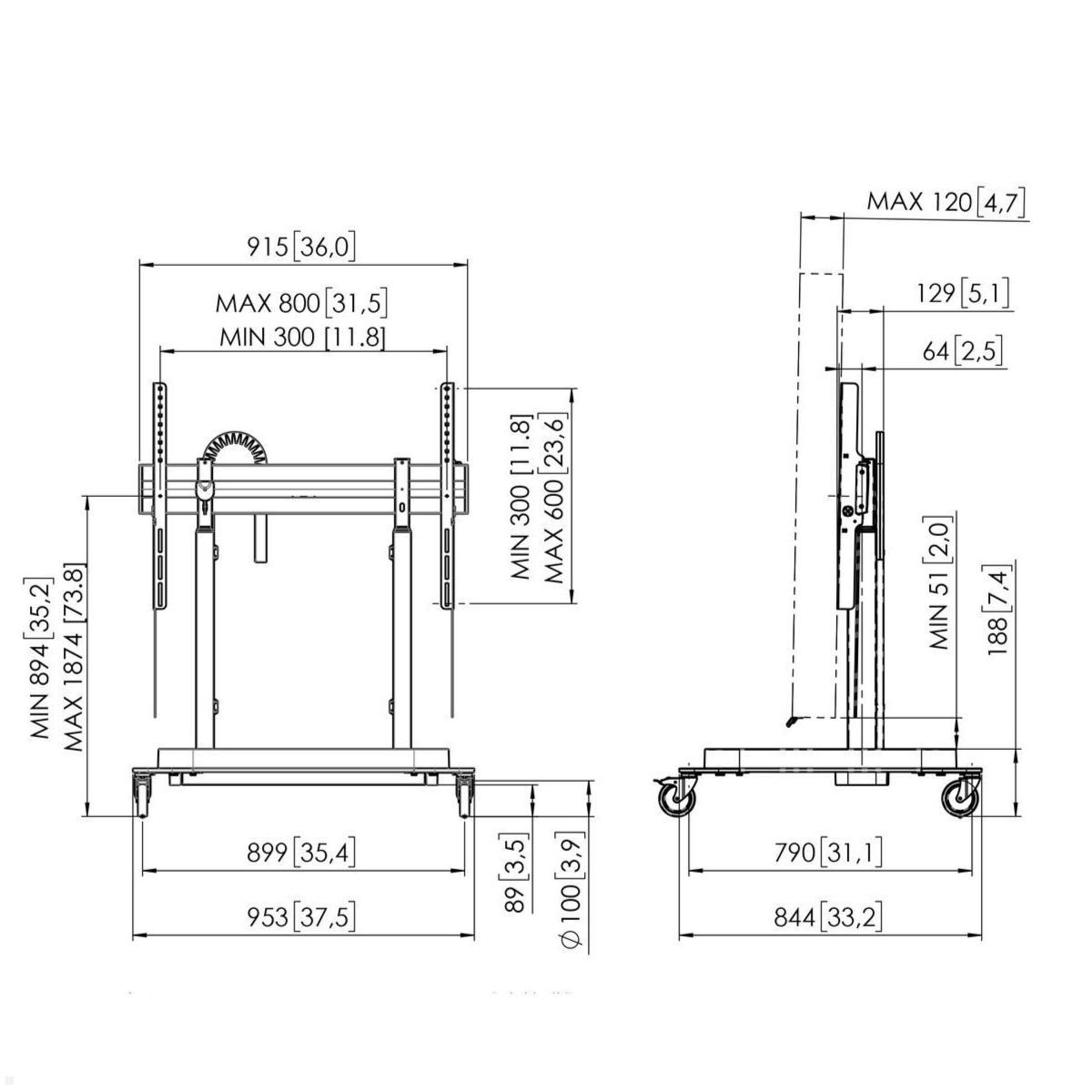 Vogels RISE 5208 mobiler elektrischer TV Ständer, 80 mm/s, Einzelrollen, technische Zeichnung Vogels RISE 5208 mobiler elektrischer TV Ständer, 80 mm/s, Einzelrollen, technische Zeichnung