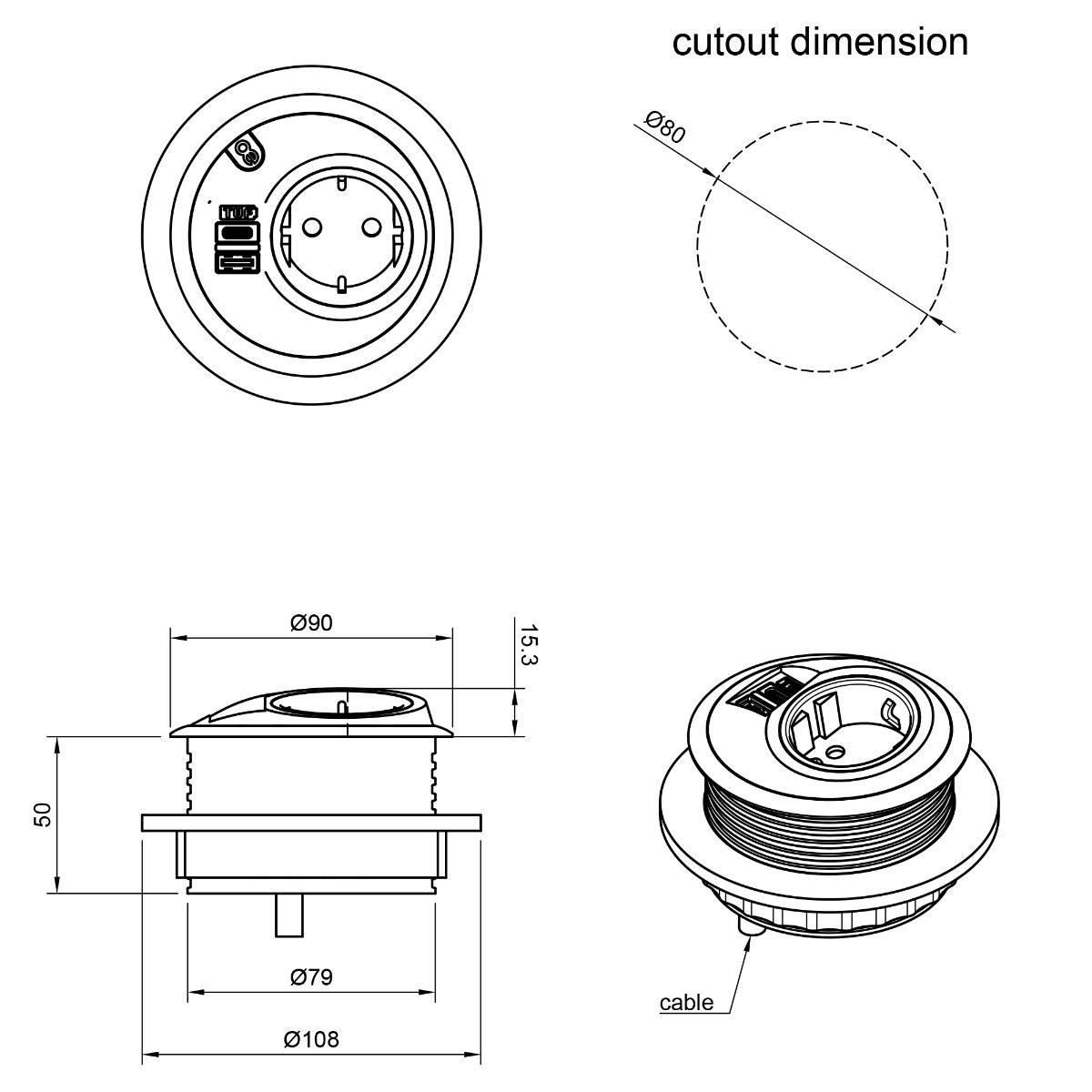 Dataflex Power PixelTUF Einbausteckdose 1x Steckdose, 1x USB-A, 1x USB-C (26.203), schwarz Maße Dataflex Power PixelTUF Einbausteckdose 1x Steckdose, 1x USB-A, 1x USB-C (26.203), schwarz Maße