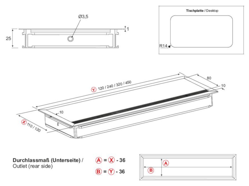 TecLines TKD007 Kabeldurchführung 110x320mm, silber/schwarz Zeichnung TecLines TKD007 Kabeldurchführung 110x320mm, silber/schwarz Zeichnung