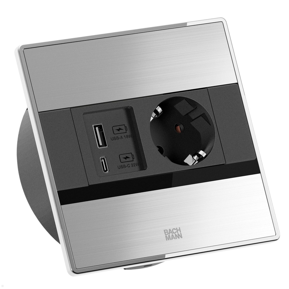 Bachmann SENSE Einbausteckdose 1x Steckdose, 1x USB-A, 1x USB-C, Edelstahl Optik