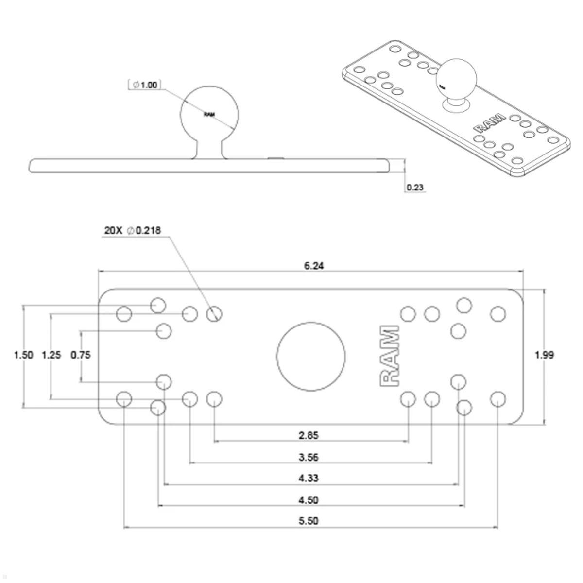 RAM Mounts Universal-Basisplatte mit B-Kugel 1 Zoll (RAM-B-111BU), Maße