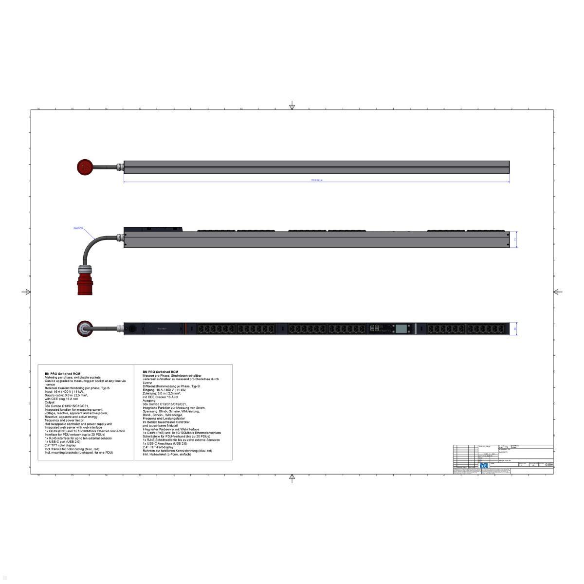 Bachmann BN PRO S Switched RCM - 16A Rack PDU mit 36xCombo, 3,0m CEE 16A/5p (BM0024775), Combo-Steckdosen Rack