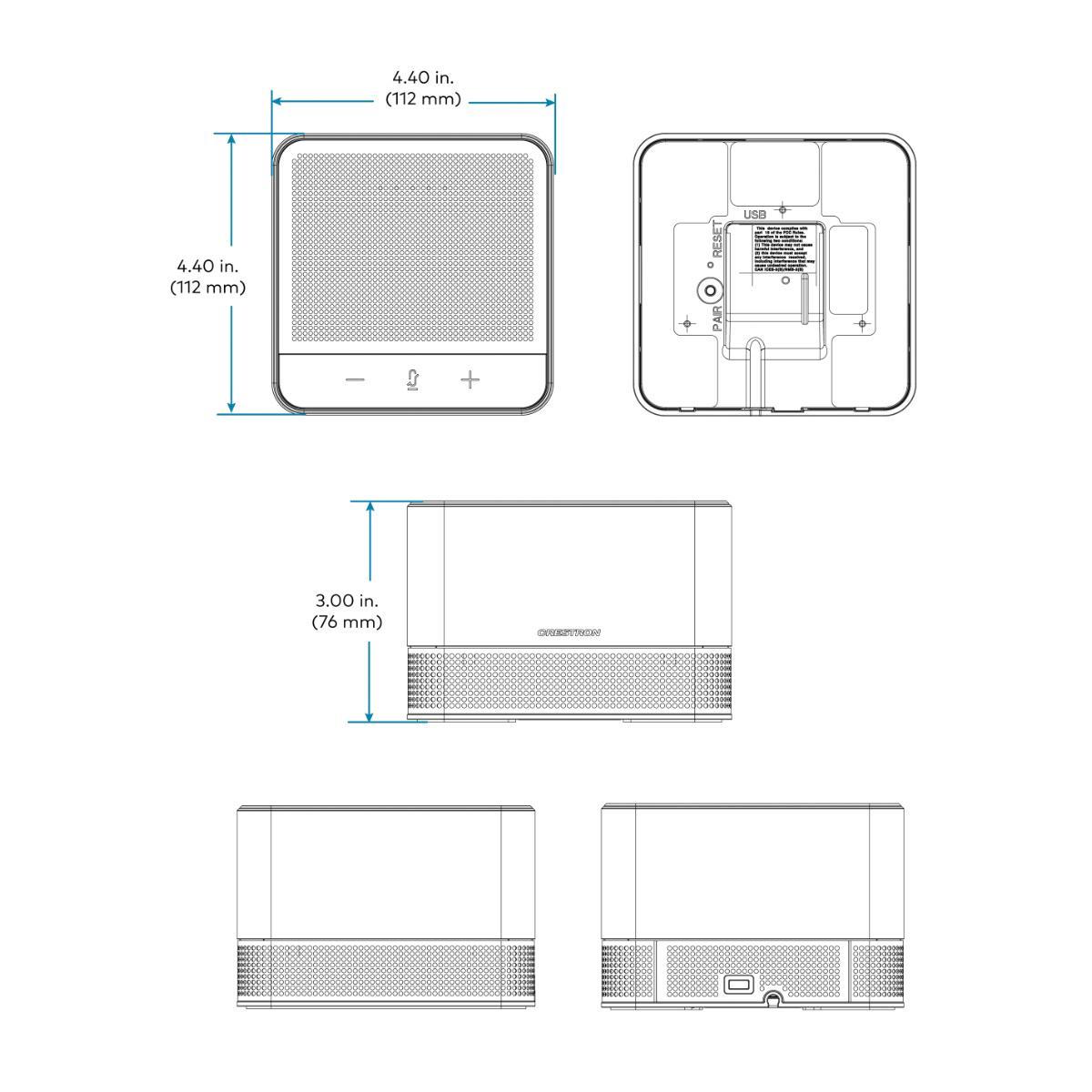 Crestron Flex Pod Wireless Audio Kit mit Hub und Pod (UC-AUDIO-1-B-DR2 KIT), technische Zeichnung Crestron Flex Pod Wireless Audio Kit mit Hub und Pod (UC-AUDIO-1-B-DR2 KIT), technische Zeichnung