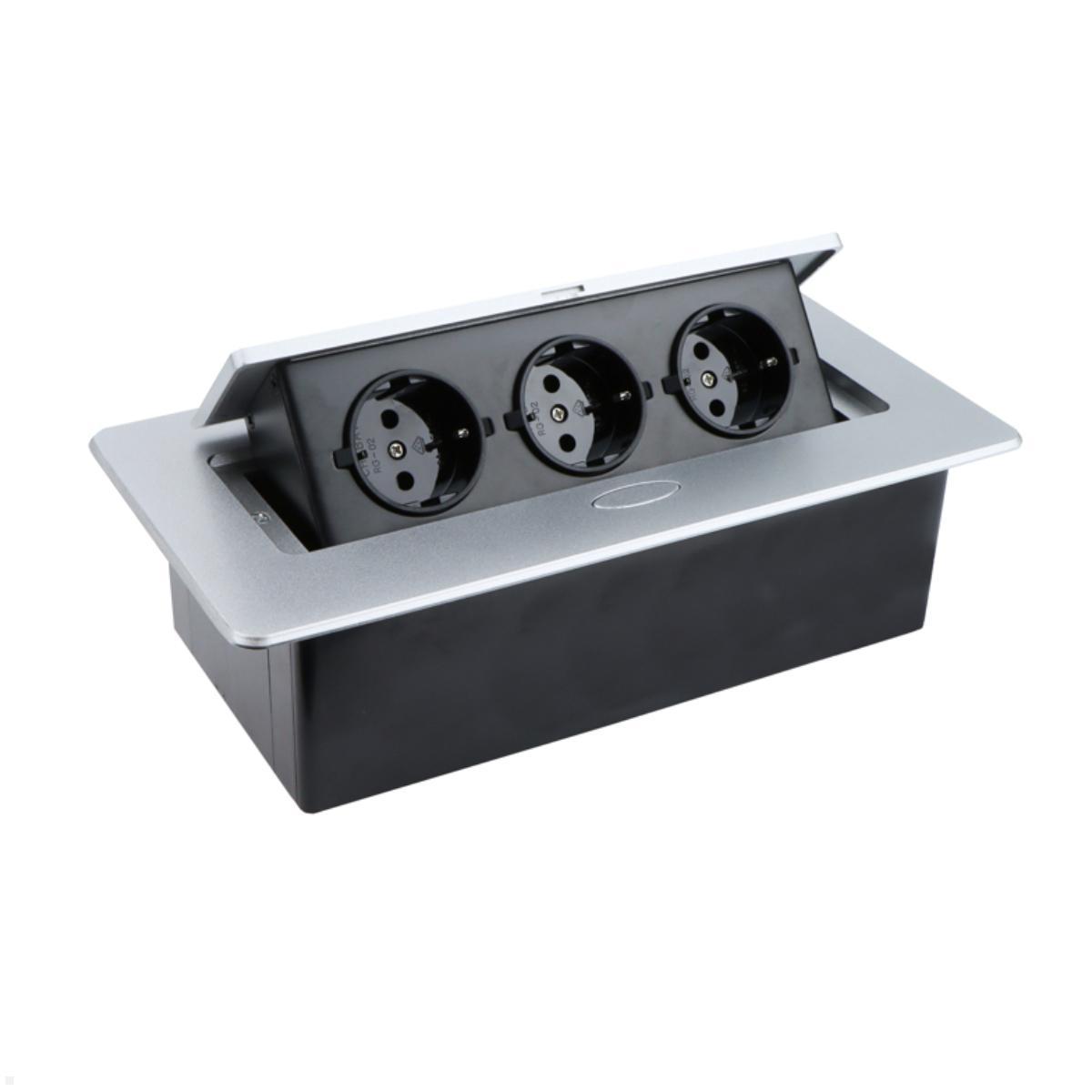 TecLines TES011S 3-fach Einbausteckdose mit 3m Kabel, silber offen TecLines TES011S 3-fach Einbausteckdose mit 3m Kabel, silber offen