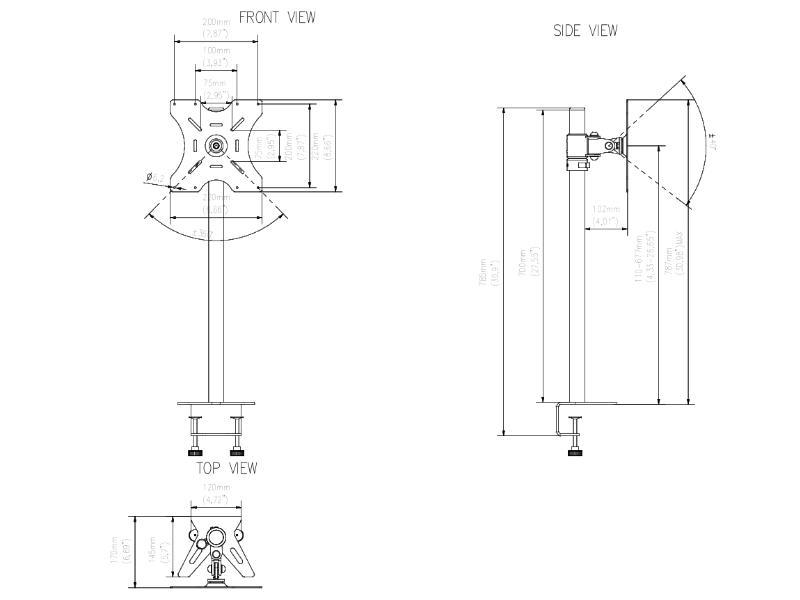 edbak MSV2S Monitorhalterung mit Tischklemme, silber, technische Zeichnung edbak MSV2S Monitorhalterung mit Tischklemme, silber, technische Zeichnung