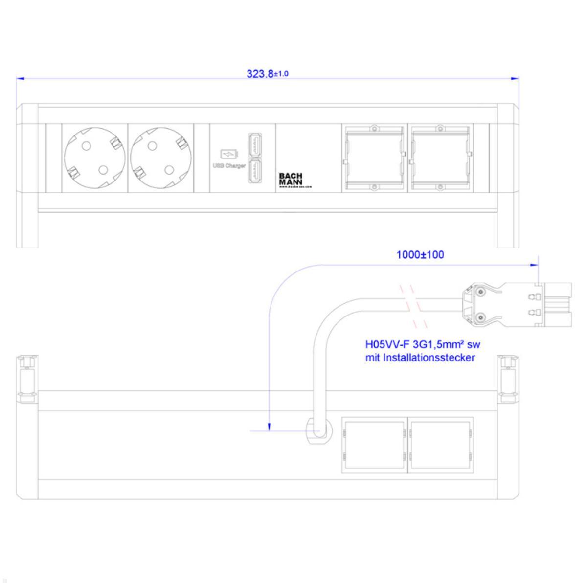 Bachmann DESK 2x Steckdose 1x USB-Charger A/A 2x CM (902.0245), Maße Bachmann DESK 2x Steckdose 1x USB-Charger A/A 2x CM (902.0245), Maße