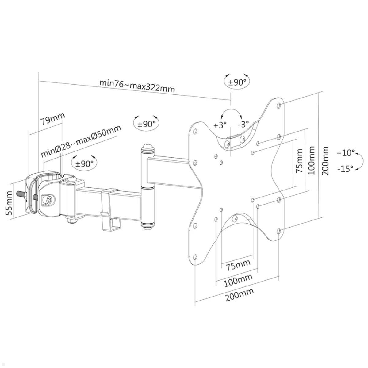 Neomounts FL40-450BL12 Monitor Rohrhalterung 3 Drehpunkte 23-42 Zoll, technische Zeichnung Neomounts FL40-450BL12 Monitor Rohrhalterung 3 Drehpunkte 23-42 Zoll, technische Zeichnung