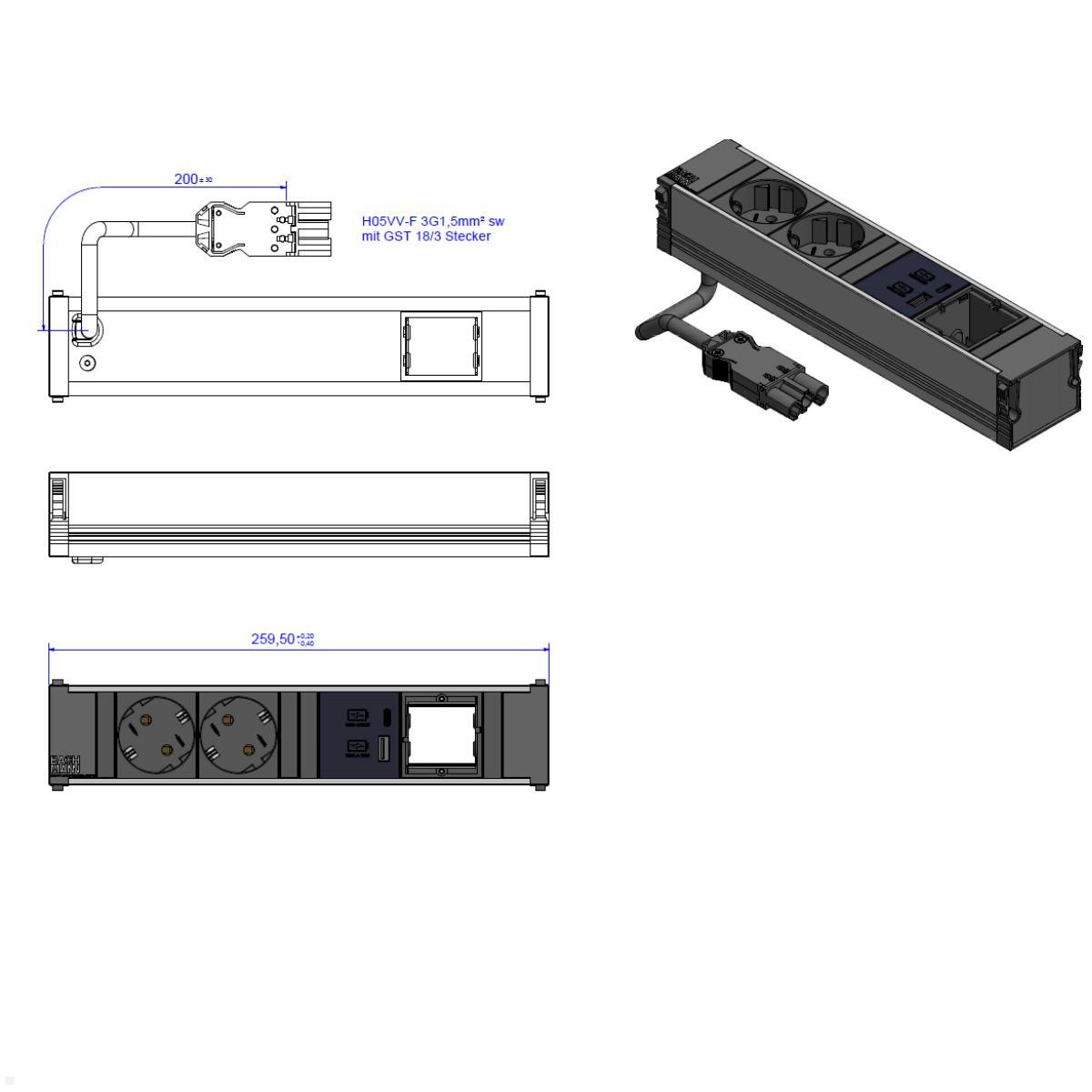 Bachmann CONI 4-fach Steckdoseneinheit 2x Steckdose 1x USB-Charger A/C 1x Custom Modul (912.08730), Skizze Bachmann CONI 4-fach Steckdoseneinheit 2x Steckdose 1x USB-Charger A/C 1x Custom Modul (912.08730), Skizze