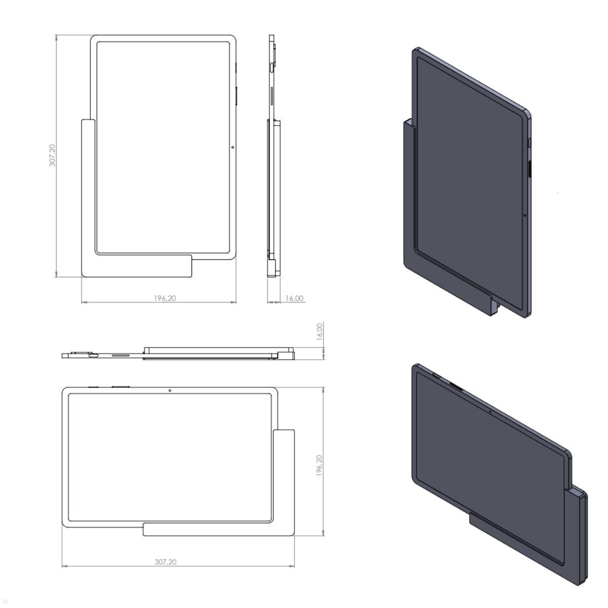 TabLines TWP030W Wandhalterung für Samsung Tab S9+ 12.4, weiß, Zeichnung Maße mit Tablet TabLines TWP030W Wandhalterung für Samsung Tab S9+ 12.4, weiß, Zeichnung Maße mit Tablet