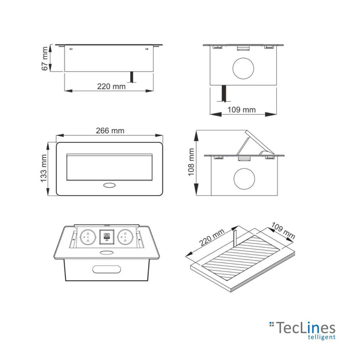 TecLines TES009B 2-fach Einbausteckdose mit USB A/C Charger, 3m Kabel, schwarz technische Zeichnung TecLines TES009B 2-fach Einbausteckdose mit USB A/C Charger, 3m Kabel, schwarz technische Zeichnung