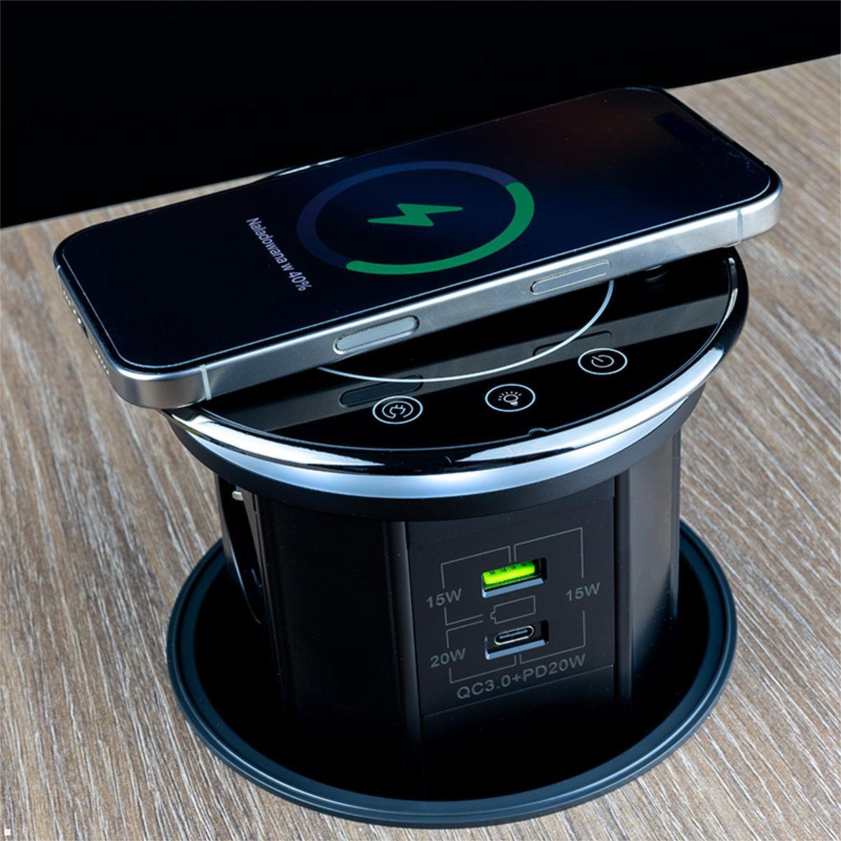 TecLines TVS012B versenkbare Steckdose mit USB A/C und Qi Charger, Power Delivery QC 3.0