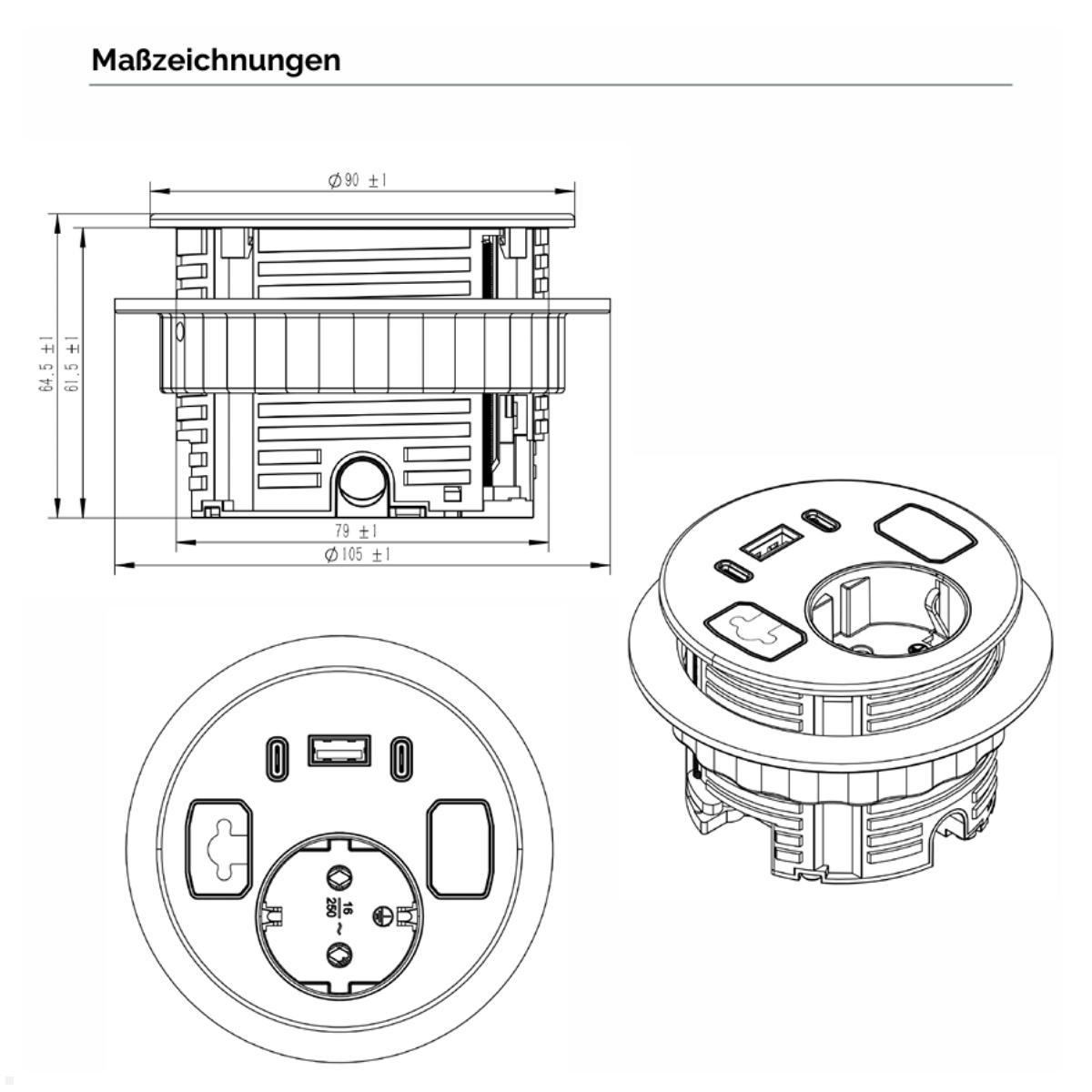 Fellowes Power-Spot Einbausteckdose mit 1x USB-A und 2x USB-C Charger 45W, Maße
