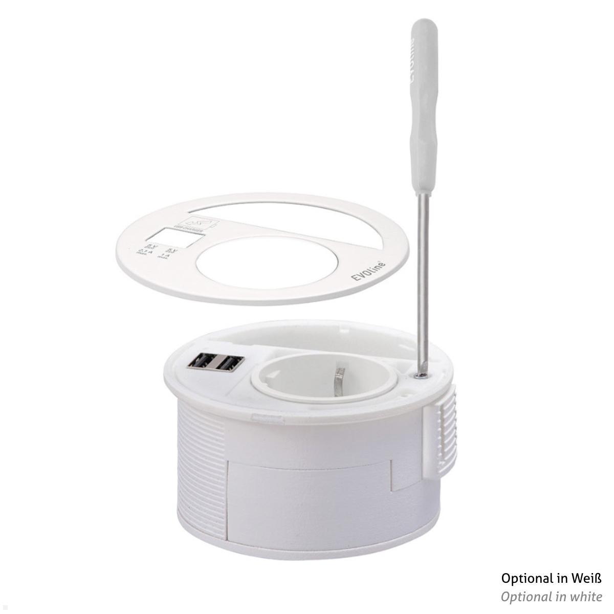 EVOline Circle80 Einbausteckdose mit 1x USB-A / 1x USB-C Charger, Edelstahl einfache Montage EVOline Circle80 Einbausteckdose mit 1x USB-A / 1x USB-C Charger, Edelstahl einfache Montage
