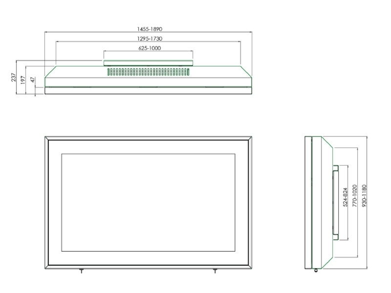 SmartMetals Indoor Gehäuse Wandhalter für Display 65 Zoll Querformat Maße