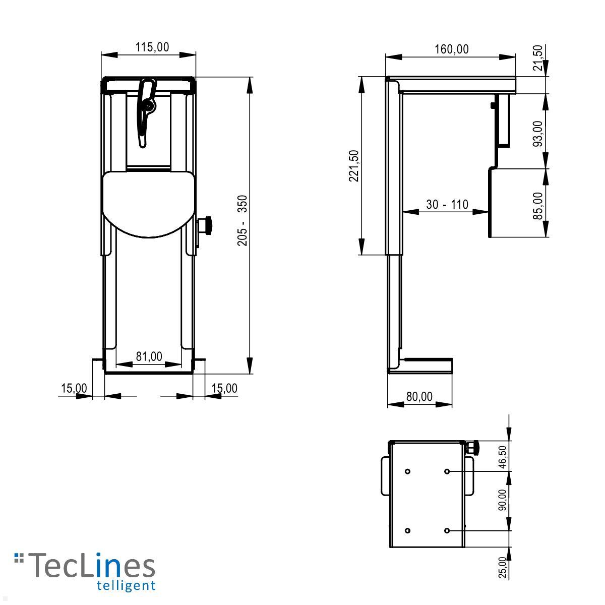 TecLines TPH002S Thin Client PC Halterung Untertisch 30-110 mm, silber technische Zeichnung TecLines TPH002S Thin Client PC Halterung Untertisch 30-110 mm, silber technische Zeichnung
